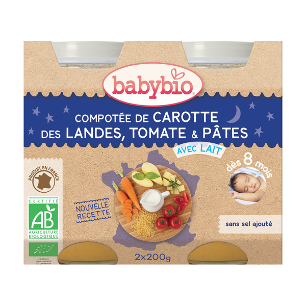 BabyBio Petits Pots Carottes Tomate Pates Dès 8 Mois Bio 200 g x 2