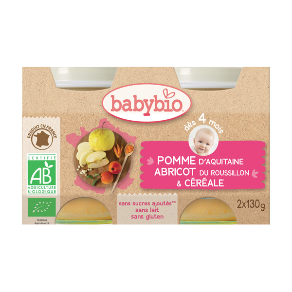 BabyBio Petits Pots Pomme Abricot Céréales Dès 4 Mois 130 g x 2