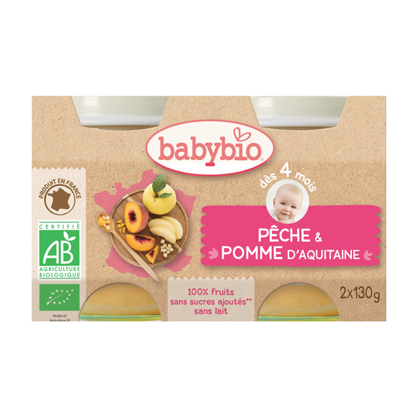 BabyBio Petits Pots Pêche Pomme Dès 4 Mois 130 g x 2