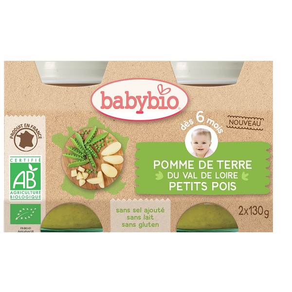 BabyBio Petits Pots Petits Pois et PDT 6 Mois Bio 130 g x 2
