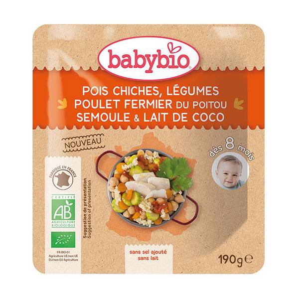 BabyBio Poche Menu Pois Chiche Légumes Poulet 8 Mois Bio 190 g 