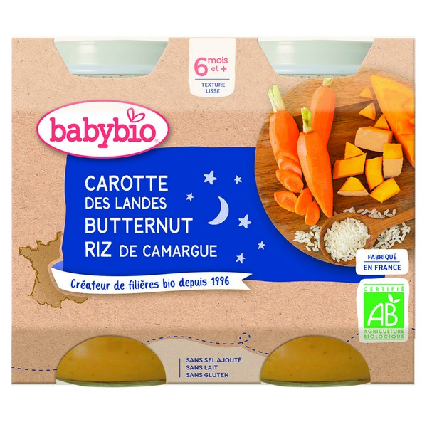 BabyBio Petits Pots Carottes Butternut Riz 6 Mois 200 g x 2 