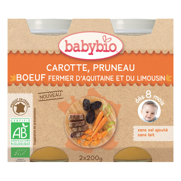 BabyBio Petits Pots Carotte Pruneau Boeuf Bio 200 g x 2