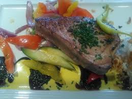 Roasted Tuna Steak With A Black Pepper Crust Thai Rice And Vegetables