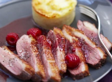 Duck Breast With  cherry sauce, Rice, Vegetables And Gratin 