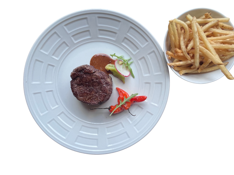 Beef fillet with pepper sauce and frenh fries      
