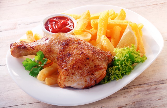 Grilled chicken leg, French fries, Salad 
